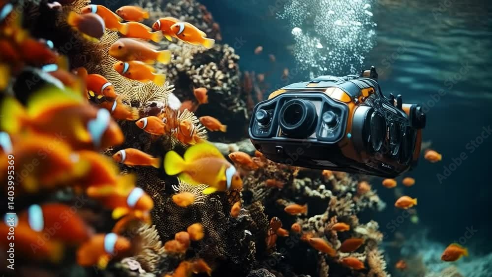 Poster a robotic device maneuvers through a colorful coral reef bustling with tropical fish. researchers st