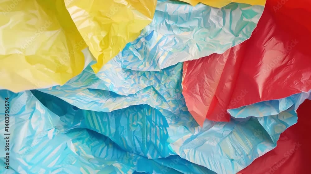 Poster vibrant, crumpled paper pieces in shades of yellow, blue, and red are layered together, creating an 