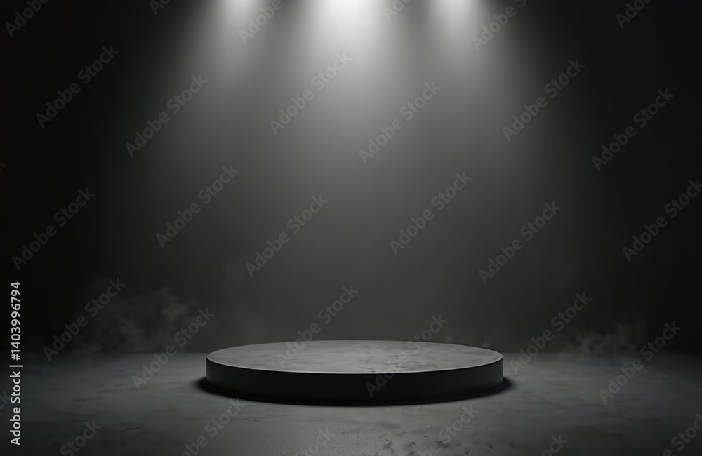 Aufkleber Black round podium in dark studio with spotlights. Empty stage with smoke effect. Blank platform for product presentation. Modern minimalist design. 3D rendering concept.