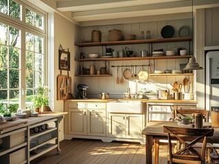 A bright, airy kitchen filled with natural light, warm tones, and rustic charm, featuring wooden elements and a cozy, inviting atmosphere.