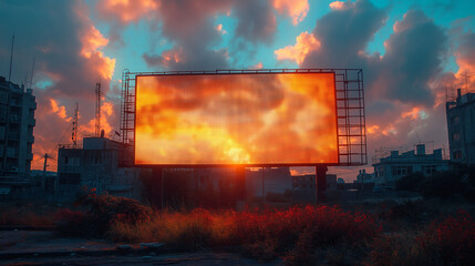 Surreal sunset projection. Glowing billboard in an abandoned cityscape at dusk. Perfect for conceptual art, urban decay themes, and atmospheric digital compositions.

