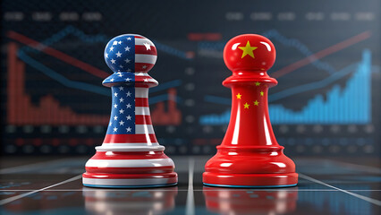 US and China chess pieces face off against a backdrop of economic market trends