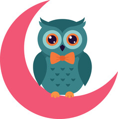 Fototapeta premium Cute owl wearing a bow tie perched on a pink crescent moon in flat vector art