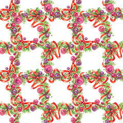 Christmas watercolor seamless pattern with pink violet red bow and ornaments, new year background