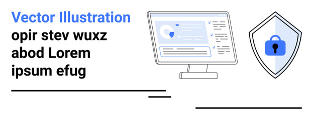 Computer with data on screen and shield lock symbolizing security, data privacy, safe internet use. Ideal for cybersecurity, IT solutions, web safety, privacy policy, data management, trust flat