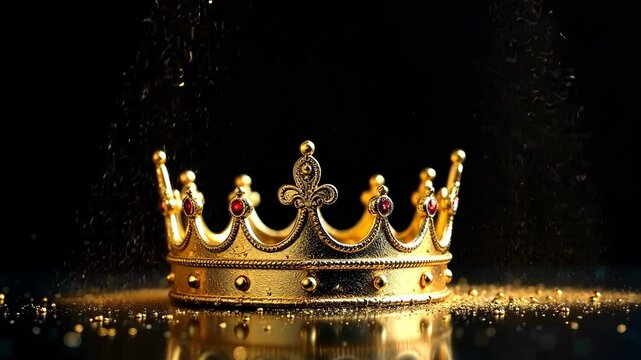 Detailed golden crown with red gemstones placed on glossy black surface, sparkling glitter falling from above, symbolizing luxury and royalty