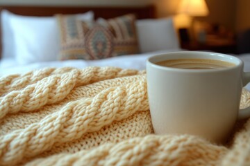 Fototapeta premium A Cup of Coffee on a Knitted Blanket in a Bedroom