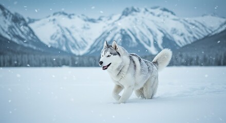 Naklejka premium A high-resolution image of a Siberian husky running through snow, with snowflakes caught in its fur and a dramatic winter mountain background