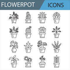 Simple Line Icons of Potted Plants and Flowerpots for Decoration