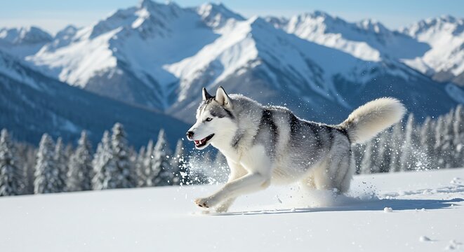 A high-resolution image of a Siberian husky running through snow, with snowflakes caught in its fur and a dramatic winter mountain background