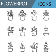 Set of Potted Plant Icons, Including Cactus and Flowers