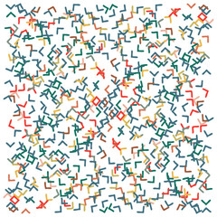 A colorful abstract pattern of overlapping, angular lines in red, green, blue, and yellow against a white background.