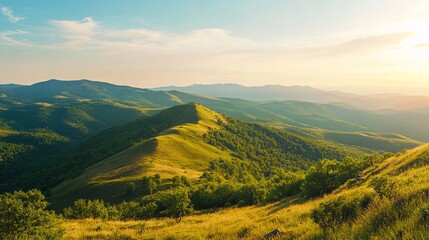 Obraz premium Serene summer mountain landscape golden hour scenic view sky sun eco calm hills green trees rural
