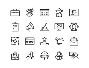 Project Management Vector Icon Set | Adjustable Line Weight | Planning, teamwork, goal, task, report, collaboration, strategy, deadline, communication, chart, email, growth, support icons