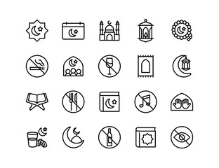 Ramadan Vector Icon Set | Adjustable Line Weight | Moon, mosque, prayer, fasting, lantern, Quran, dates, no smoking, calendar, worship, crescent, drink, spirituality icons