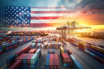 A busy U.S. port at sunset shows colorful shipping containers shaped like the American flag, symbolizing trade interconnectedness and the economic challenges in global shipping and logistics