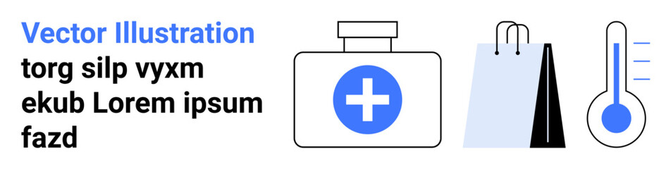 Medical bottle with cross, shopping bags, and thermometer. Ideal for healthcare, e-commerce, health monitoring, online shopping, retail, wellness and simple landing page