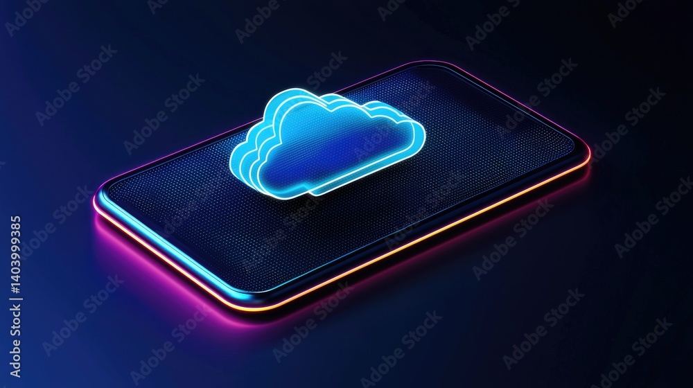 Aufkleber glowing neon cloud icon floating above a futuristic smartphone, symbolizing mobile cloud storage and
