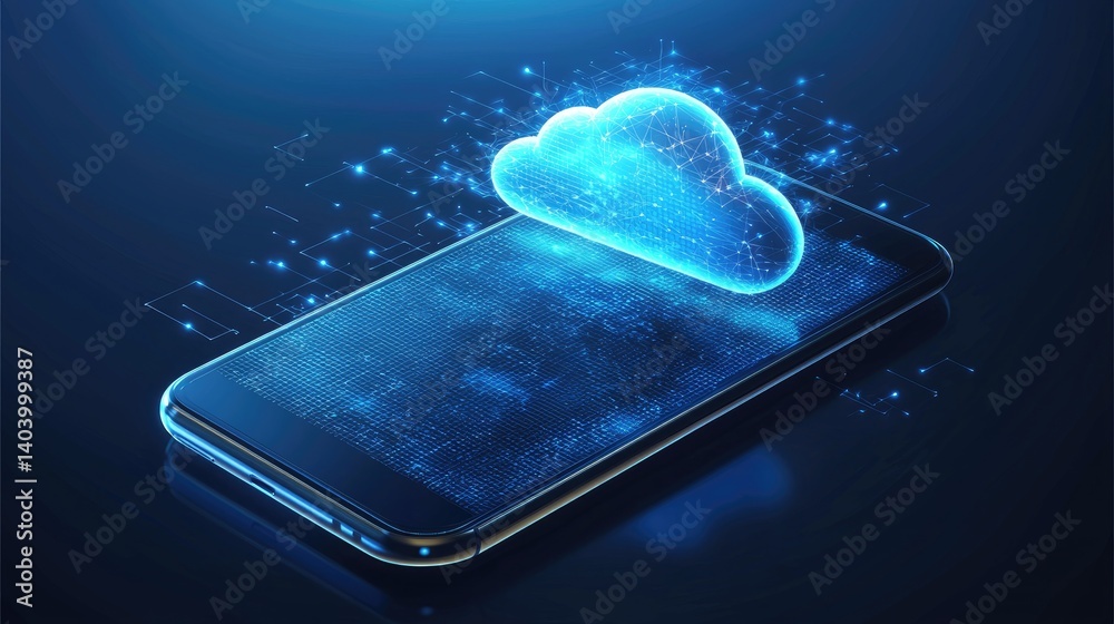 Aufkleber Digital glowing cloud hovering above a smartphone with grid data effects, symbolizing mobile cloud technology and data transfer. Perfect for tech, apps, and IT services