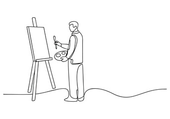 One continuous line drawing of a male painter artist standing and painting artwork on canvas in minimalist style

