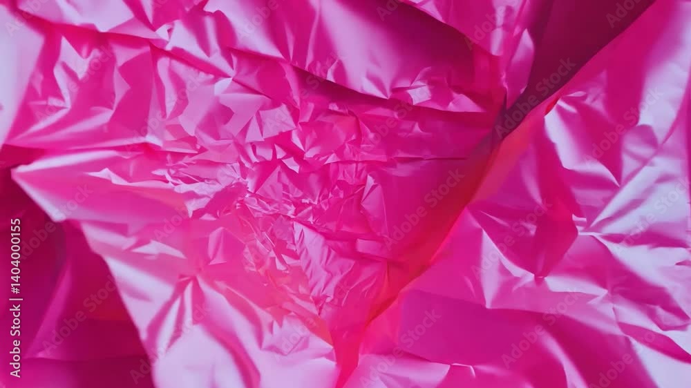 Poster The shot captures a close-up view of crumpled vibrant pink paper, displaying intricate folds and creases that create a textured appearance under natural light.