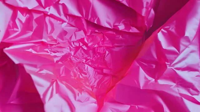 The shot captures a close-up view of crumpled vibrant pink paper, displaying intricate folds and creases that create a textured appearance under natural light.