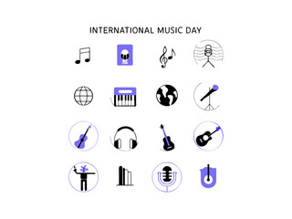 Colorful music icons set for diverse uses. A collection of 16 simple, flat-style icons representing various musical instruments, accessories, and concepts.