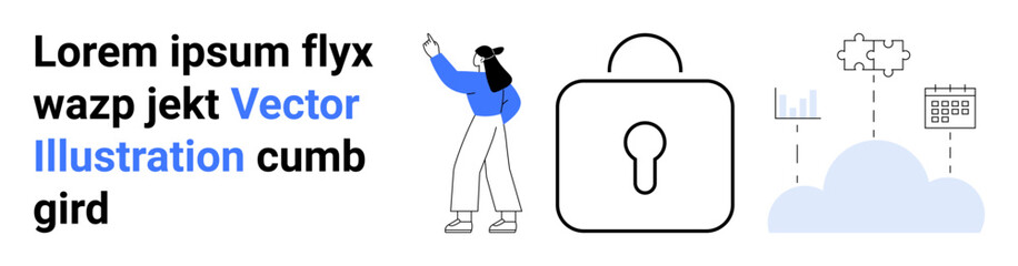 Person gesturing toward a large lock cloud storage icons connected by lines. Ideal for technology, data protection, cybersecurity, cloud computing, access control, IT solutions, simple landing page