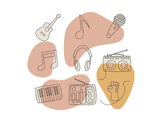 Hand-drawn illustration of various music instruments and musicians.  Music features a collection of simple line-drawings representing musical instruments and performers in a relaxed, whimsical style.