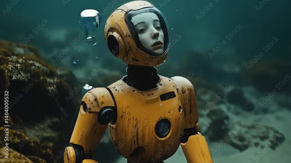 Poster a robotic diver conducts an underwater exploration in the ocean's depths, gathering data and insight