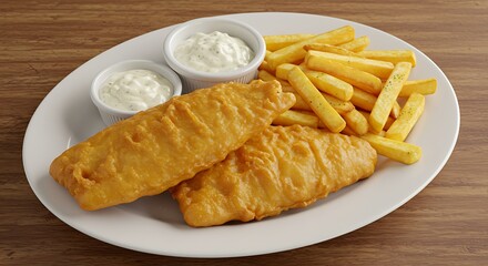 A classic fish and chips meal with battered fried fish fillets and crispy golden fries, served with a side of tartar sauce