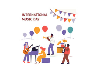 Hand-drawn illustration of various music instruments and musicians.  Music features a collection of simple line-drawings representing musical instruments and performers in a relaxed, whimsical style.
