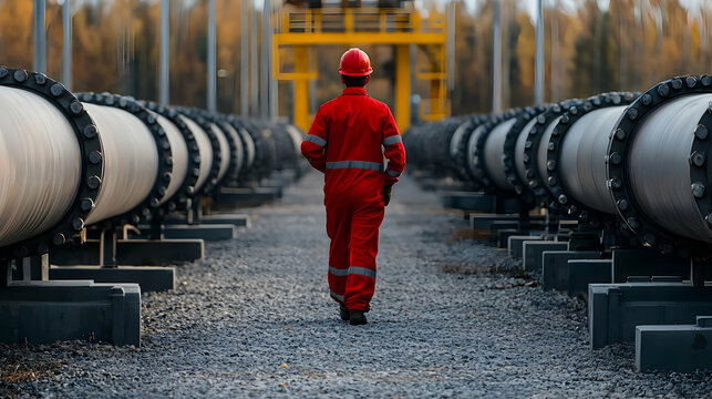 Engineer in Red Protective Suit Walks Along Parallel Metal Pipelines in Industrial Setting