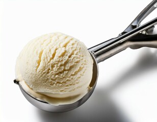 vanilla ice cream and metal ice cream scoop isolated on white background