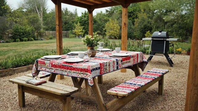 Outdoor dining setup with picnic table adorned with a vibrant, colorful quilted tablecloth under a rustic wooden pergola and grill