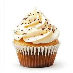 Vanilla cupcake with swirls of creamy frosting and chocolate sprinkles