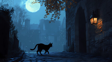 Design a hauntingly beautiful black cat walking along a moonlit vintage street, invoking a sense of nostalgia and mystery for halloween. Shadowed Legend. Illustration