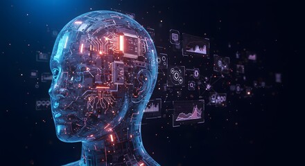 AI Head with Circuitry: Depicts digital intelligence, technological progress, and complex information processing.