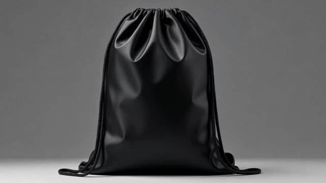 Sleek black drawstring gym bag presented in a minimalist style on a plain gray background, emphasizing modern fashion and utility concept