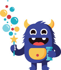 Colorful cartoon monster holding a wand and potion in a playful flat vector illustration