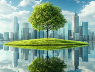 Fototapeta premium The Struggle to Combat Climate Change. A tiny, verdant island amidst water, contrasted with a far-off city skyline, symbolizes the critical necessity for climate initiatives