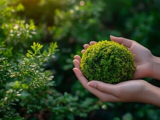 Commemorating World Environment Day through Sustainable Advancements. A hand supports a globe encircled by vibrant plants, showcasing the value of ecological stability and deliberate conservation