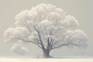 Winter tree covered in snow with bare branches, soft, dreamy atmosphere