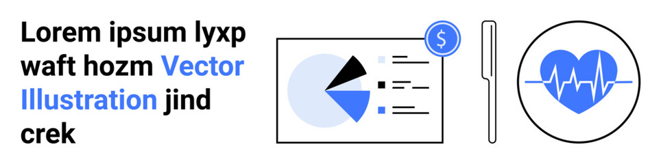 Pie chart and bar graph representation beside a payment icon, paired with a heartbeat monitor in blue. Ideal for healthcare, finance, analytics, tech solutions, research, planning, health apps