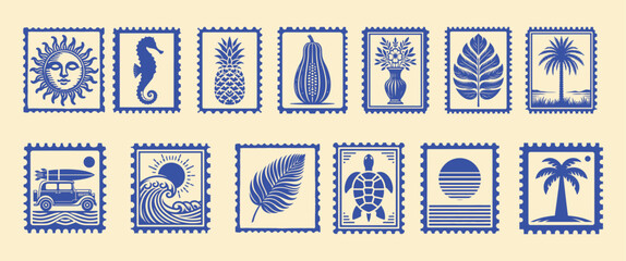 Summer tropical print set, vector hand drawn exotic surf vintage sticker, ocean Hawaii travel stamp. Vacation postcard design, sun symbol, palm tree, sea wave. Nautical logotype, summer print label 