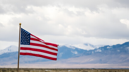American flag flies proudly in a field under a cloudy sky against a background of snowy mountains