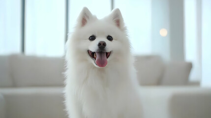 Smiling White Dog Portrait In Modern Home