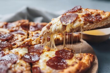 Server lifting slice of delicious pepperoni pizza with melted cheese