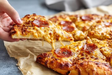 Hand taking slice of freshly baked pepperoni pizza with melted cheese