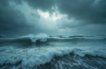 Fototapeta premium Dramatic shot of ocean storm waves in the open sea. Dark cloudy sky creates moody, powerful scenery. Turbulent ocean water motion, big splashes, swells, foam. Weather, travel background.